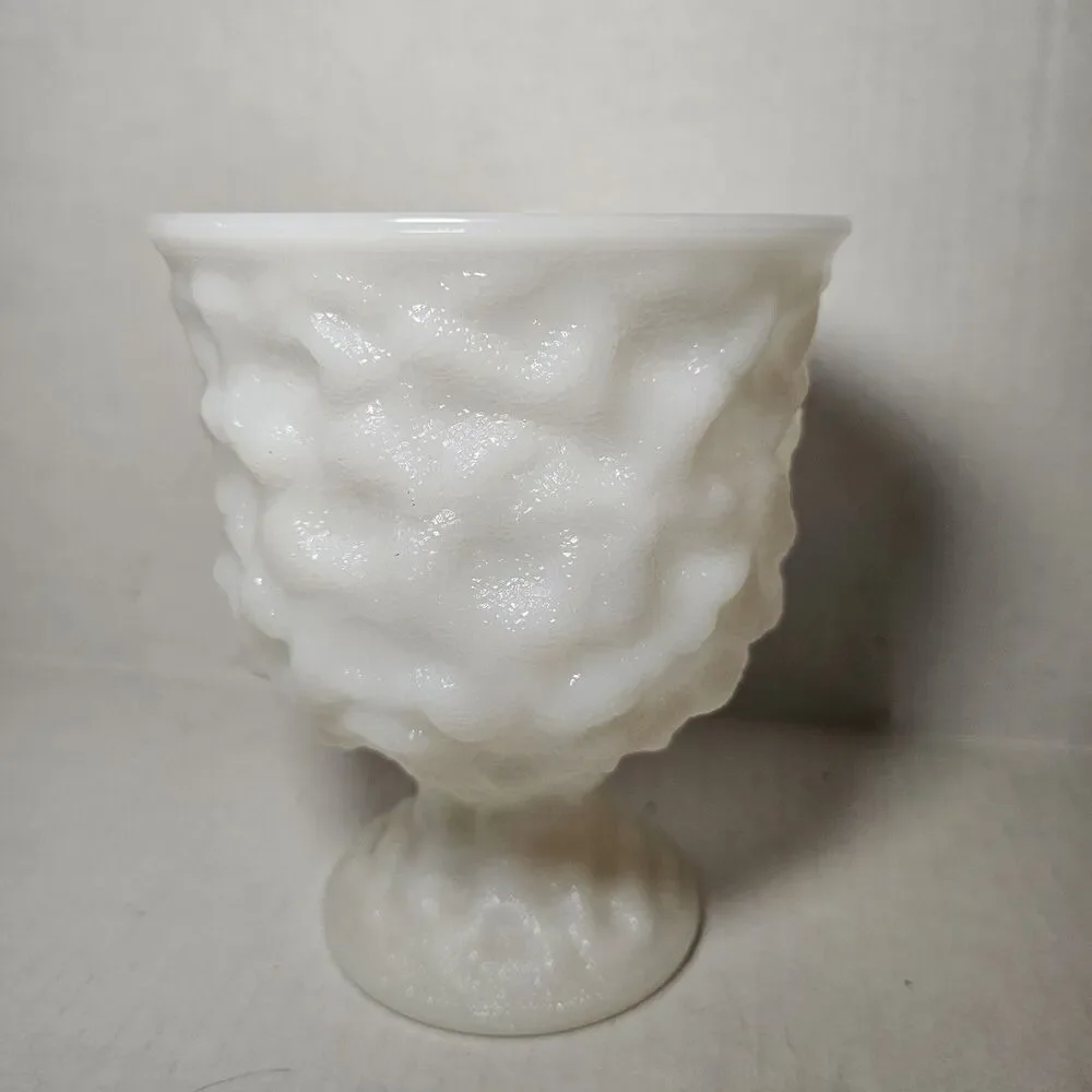 Vintage EO Brody White Milk Glass Crinkled Pedestal Planter Vase Textured